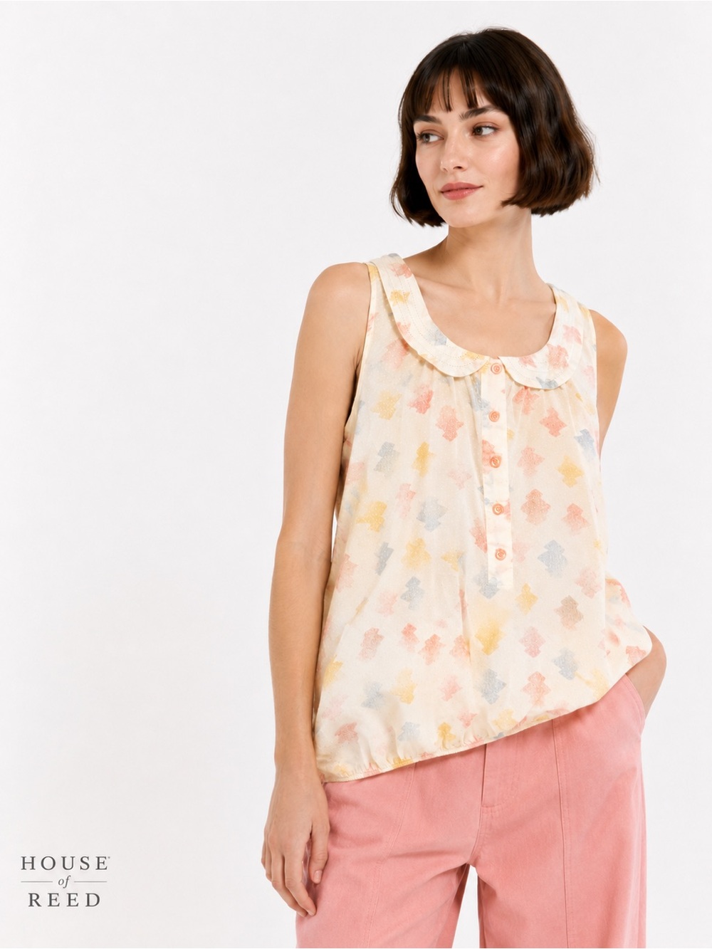 Vintage Sessùn Paris Silk Blend Sleeveless Blouse Peter Pan Collar Pastel Print